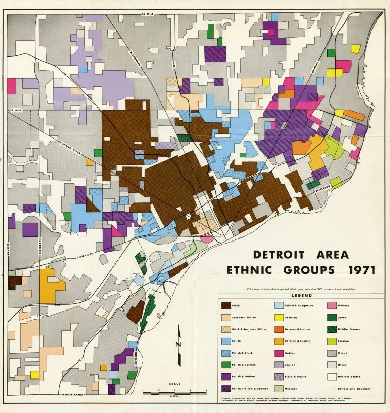 Map of Detroit area in 1971, showing various ethnic groups in different colors.