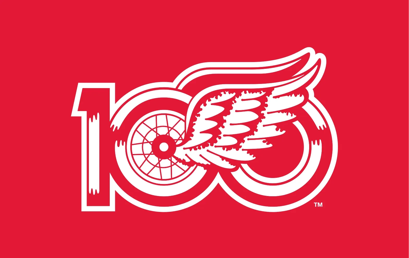Red and white logo with the number 100 featuring a winged tire design.