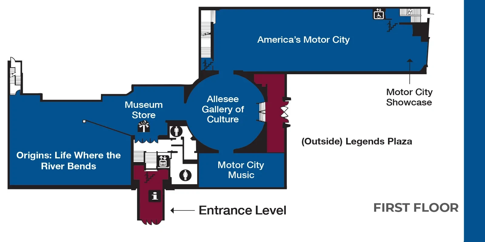 First floor museum layout with galleries, exhibits, and entrance marked.