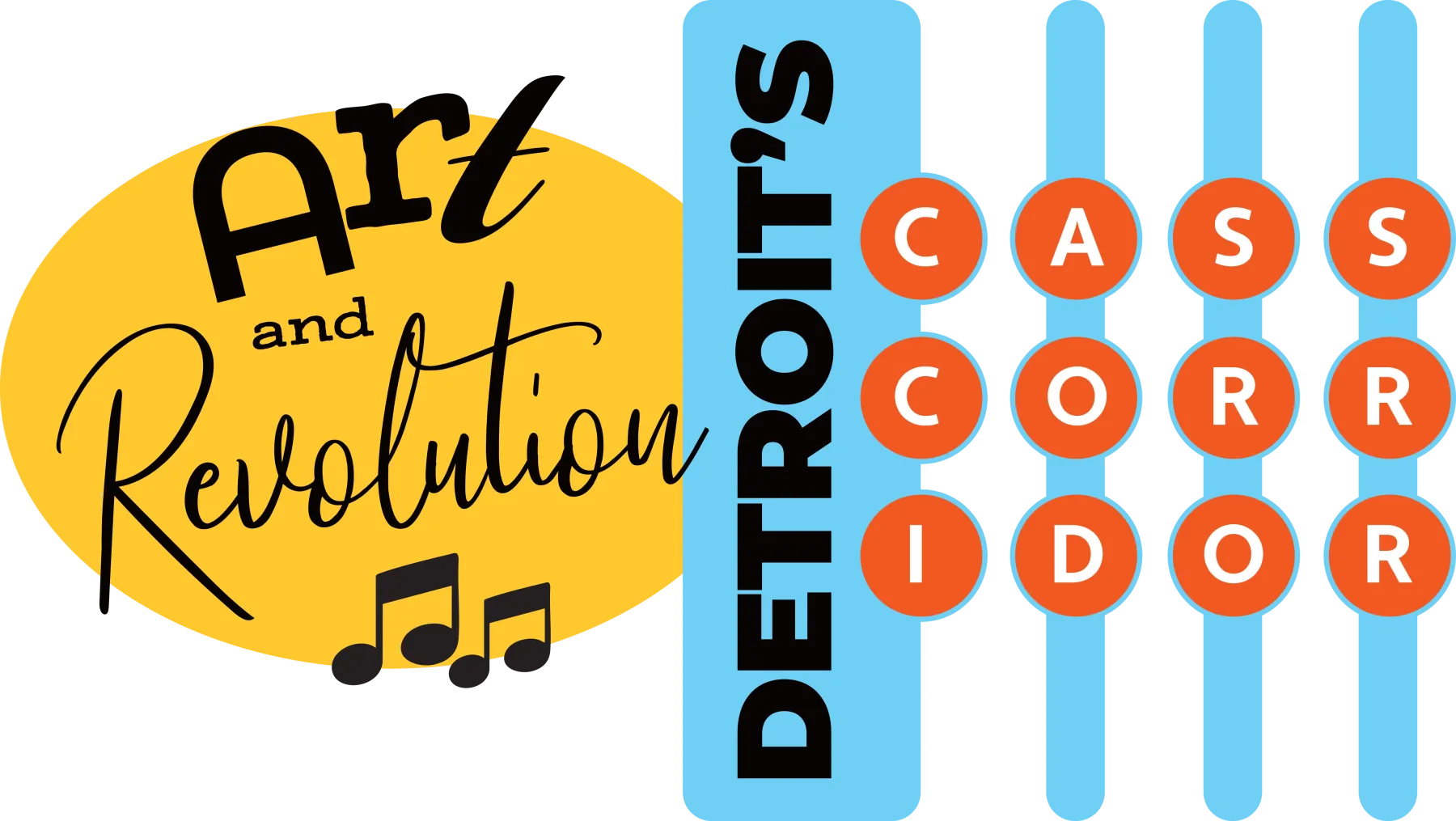 Art and Revolution logo with music notes and text: Detroit's Cass Corridor.