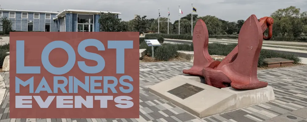 Red anchor sculpture on a paved plaza with shrubs and building, text overlay: "Lost Mariners Events."