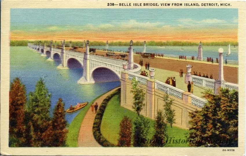 Postcard - Belle Isle Bridge, View from Island, Detroit, Mich.
