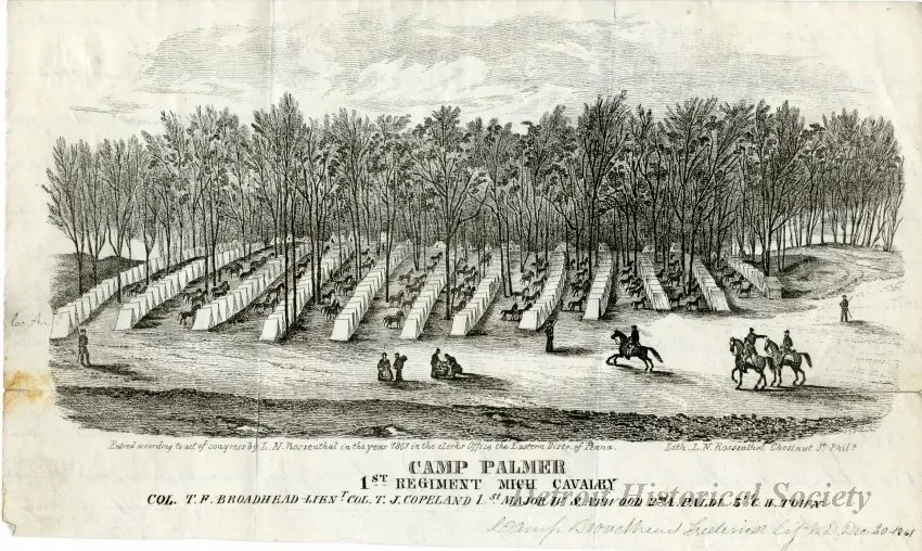 Lithograph - Camp Palmer, 1st Regiment Mich. Cavalry.